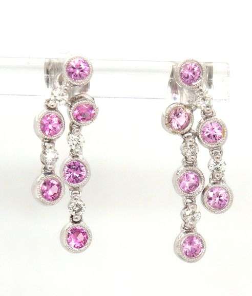 14kt White gold bezel set pink sapphire and diamond drop dangle earrings