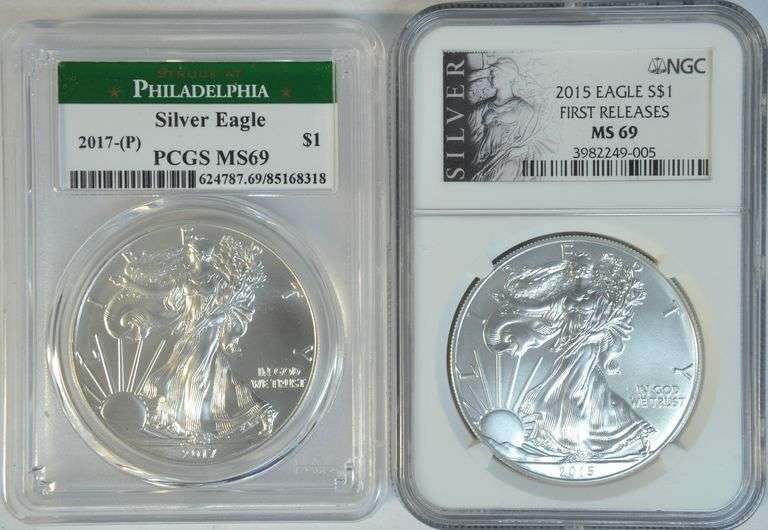 2015 (NGC First Releases) & 2017-(P) PCGS $1 Silver Eagles. MS69