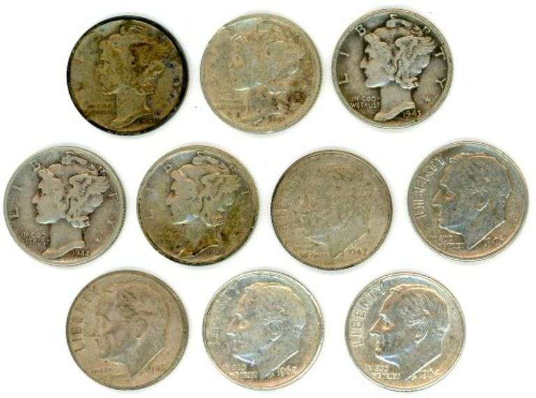 10 Different Silver US Dimes: 1940-1964