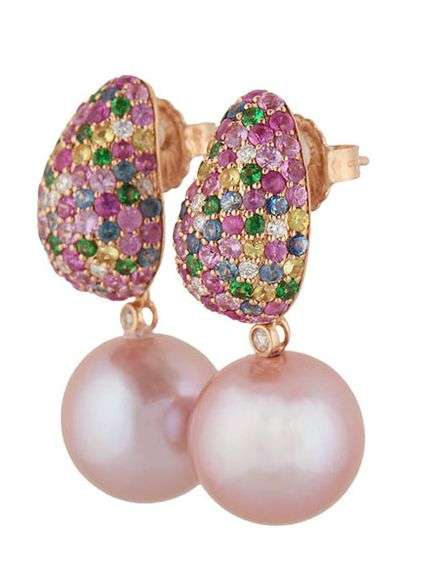 3.50ctw Multicolored Sapphire 0.27ctw Diamond and Pearl Convertible Drop Earrings in 18K