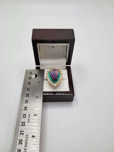 Luscious Teardrop Amethyst Ring with Gold Plated Silver and Mine Cut Diamonds