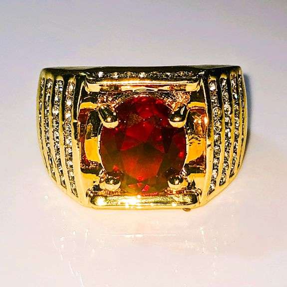 Impressive Mens 14 Kt Yellow Gold Plated 4.5 Ct Lab Simulated Ruby Diamond Ring