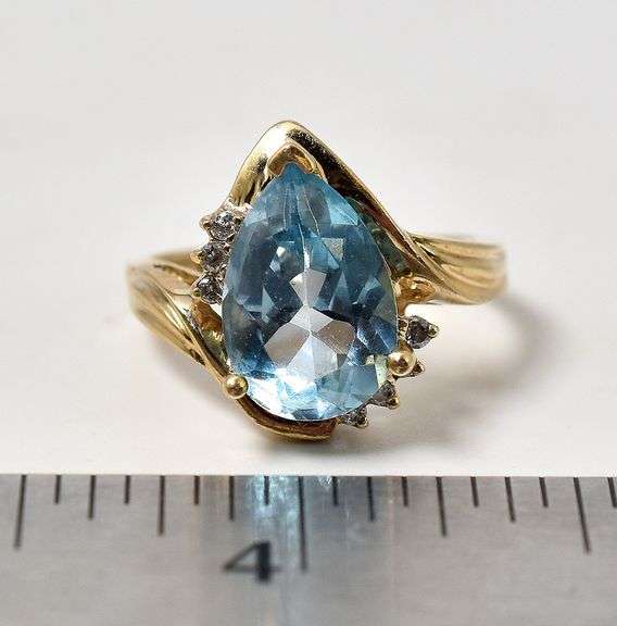Angelic 10k Yellow Gold Blue Topaz Gemstone  and Diamond Ring