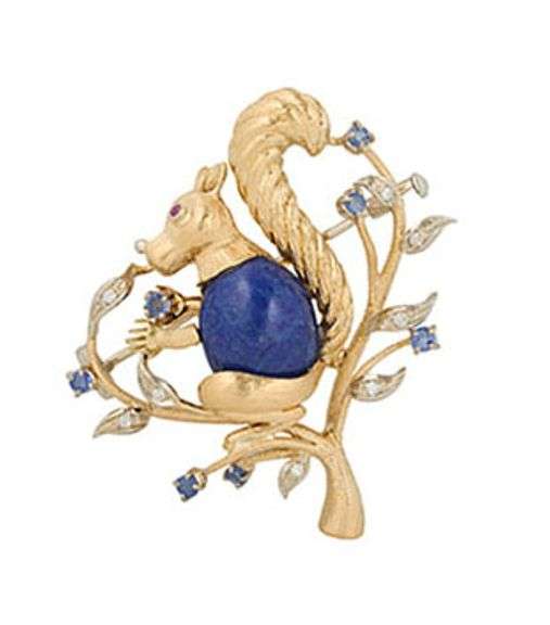 0.20ctw Diamond, 0.17ctw Sapphire and Lapis Lazuli Squirrel Brooch in 18K