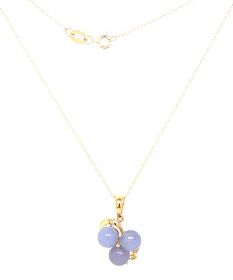 14kt Yellow gold Purple Jade and diamond accent 3 stone pendant on chain