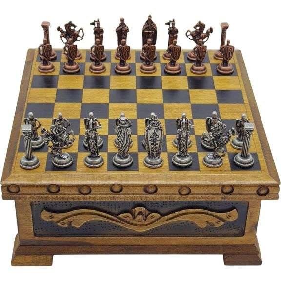 Wooden Chess Set with Storage Box Copper Metal Pieces