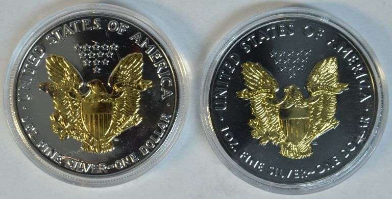 1991 & 2019 2-sided Golden enameled $1 Silver Eagles in capsules
