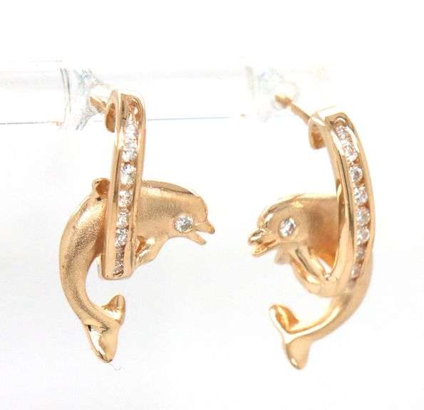 14kt Yellow gold diamond dolphin Jumping hoop earrings