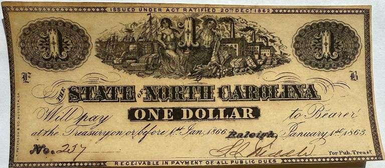 $1 State of North Carolina Raleigh Jan 1 1863 Uncirculated Note.