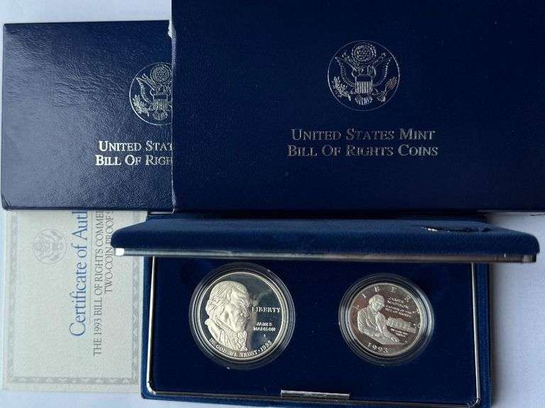 Bill of Rights 1993 Proof Set With Silver Dollar & Half.