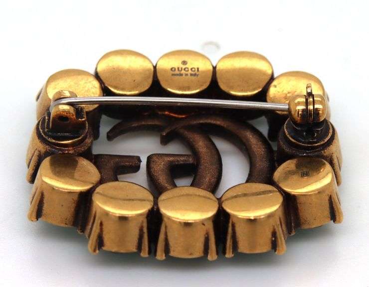 Gucci aged bronze double G Maramont crystal brooch