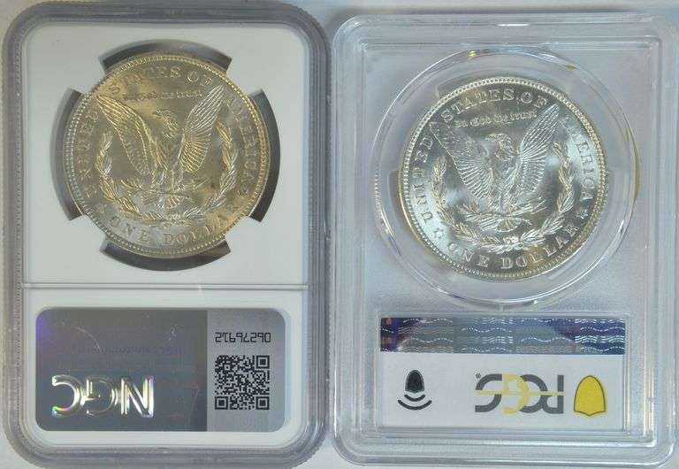 Pair of nearly Gem BU 1921 Morgan Silver Dollars. PCGS & NGC MS64's