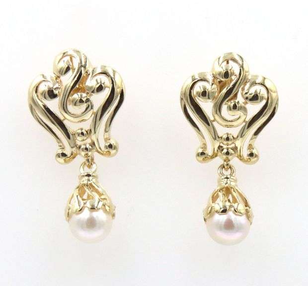 14kt Yellow gold 7-7.5mm Pearl drop swirl dangle earrings