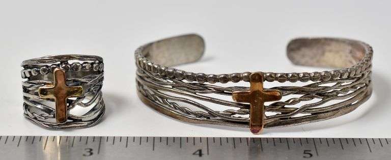 Ross Simons Sterling Silver Cross Cuff Bracelet and Ring Set