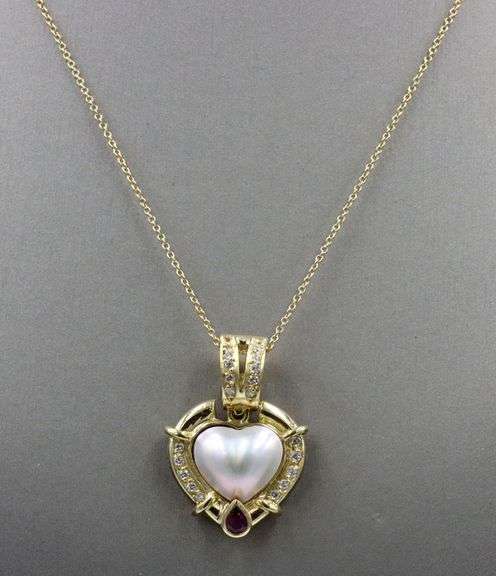 18kt Yellow gold heart shaped Mabe pearl and pear ruby and diamond accent enhancer pendant on chain
