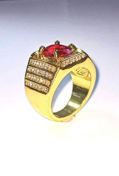 Impressive Mens 14 Kt Yellow Gold Plated 4.5 Ct Lab Simulated Ruby Diamond Ring