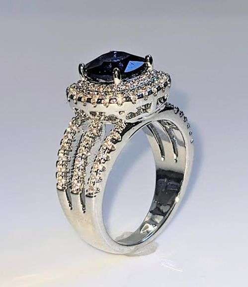 Stunning 14 Kt White Gold Plate 1.75 Ct Midnight Blue Simulated Sapphire Diamond Ringmond Ring