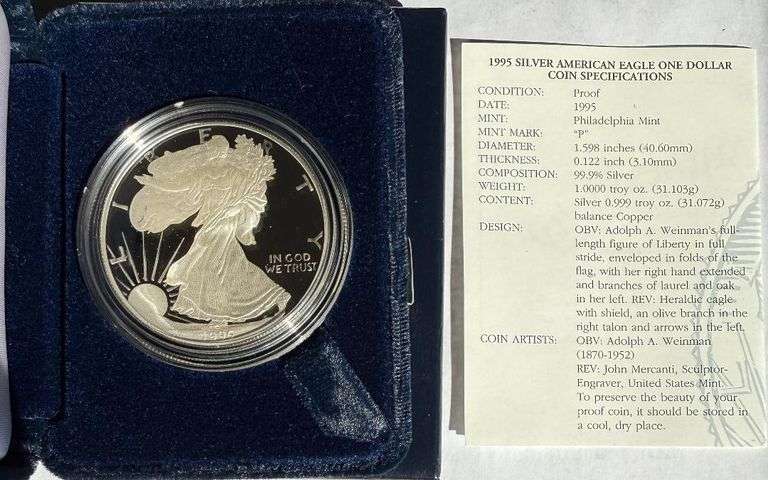 1995 P Proof Silver Eagle With Box & Paper