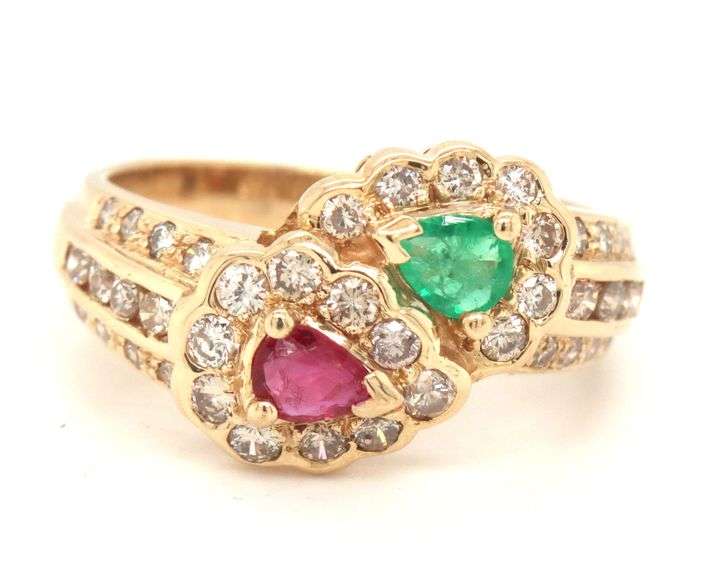 14kt Yellow gold ruby, emerald and diamond bypass ring