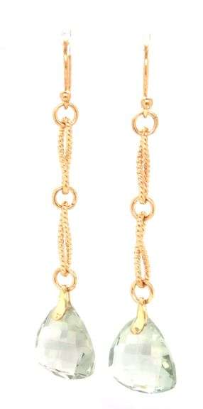 14kt Yellow gold Triangular checkerboard prasiolite dangle earrings