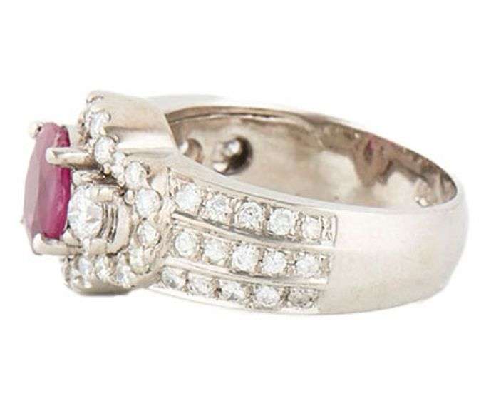 1.50ct Oval Ruby and 1.30ctw Diamond Three Stone Halo Statement Ring in 18K
