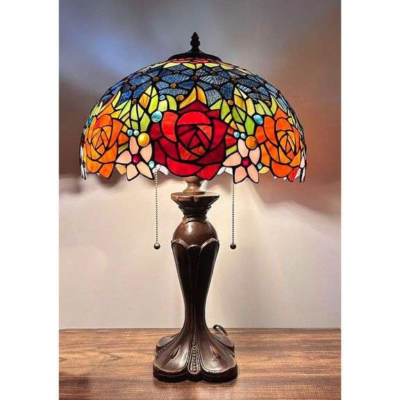 Stained Glass Table Lamp with Rose Design