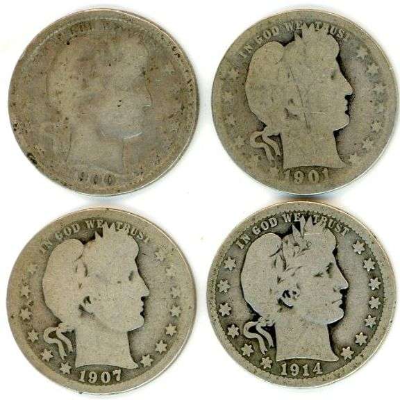 4 Different Barber Silver Quarters: 1900-1914