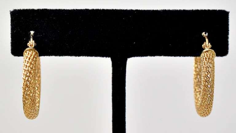 Interesting 14K Yellow Gold Mesh Hoop Earrings