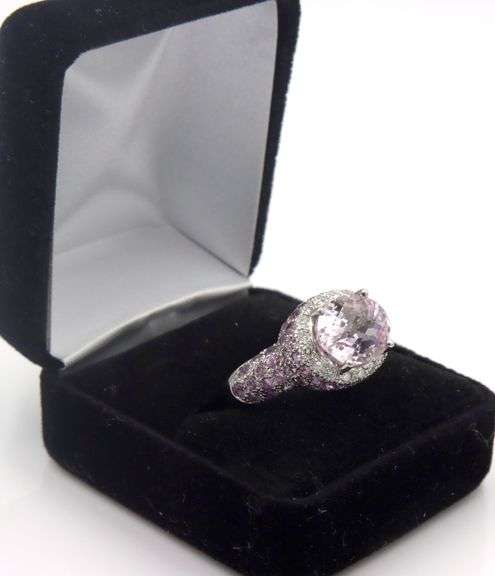18kt White gold East west Oval Kanzanite and diamond halo cocktail ring
