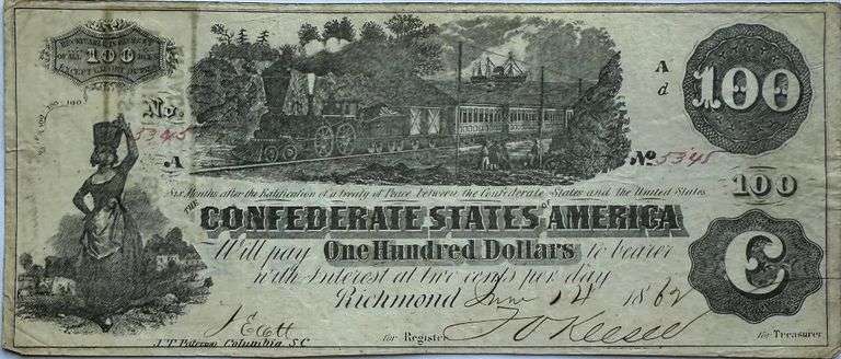 June 14 1862 $100 Straight Steam Series Confederate States Note.