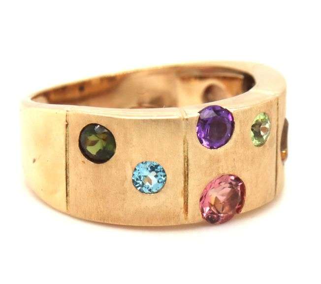 14kt Yellow gold Brushed finish multi stone scatter band