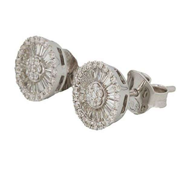 New 0.66ctw Round and Tapered Baguette Diamond Button Stud Earrings in 14K