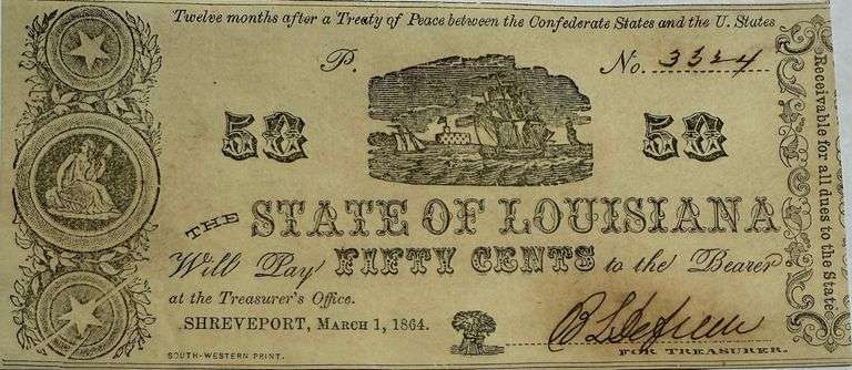 Clean Fresh Unc State of Louisiana March 1 1864 50 Cent Note.