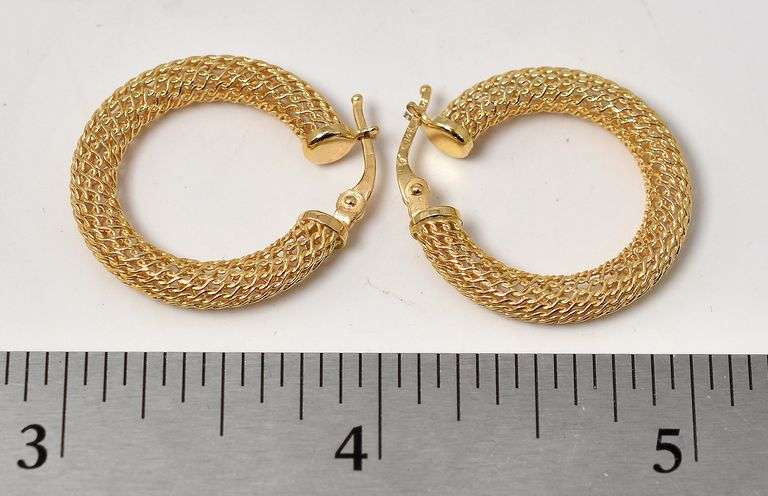Interesting 14K Yellow Gold Mesh Hoop Earrings
