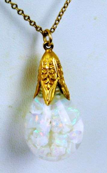 Vintage Gold Filled Large Floating Opal Pendant & Chain