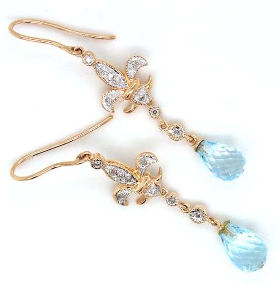 14kt Yellow gold blue topaz and diamond Fluer De Lis dangle earrings