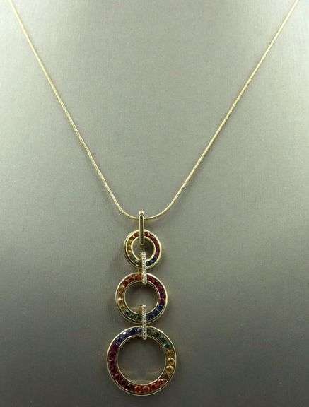 14kt Yellow gold Chameleon multi gemstone and diamond triple circle exchangeable drop pendant on cha