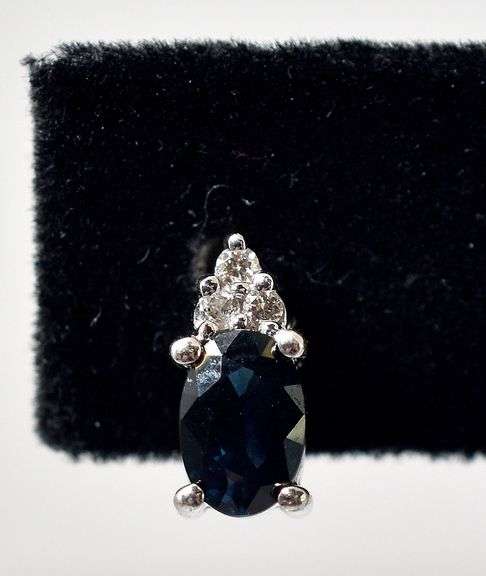 Perfect 14K white Gold Blue Sapphire Gemstone and Diamond Stud Earrings