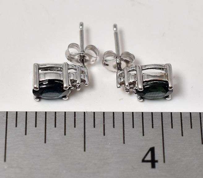 Perfect 14K white Gold Blue Sapphire Gemstone and Diamond Stud Earrings