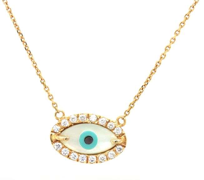 14kt Yellow gold mother of pearl and CZ evil eye necklace
