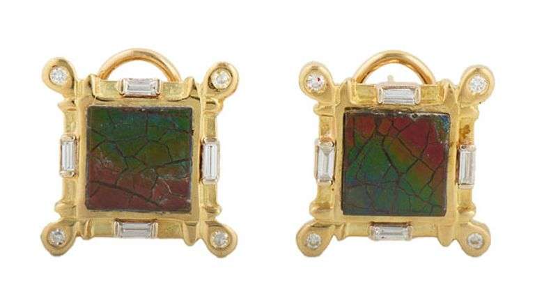 Square Shaped Ammolite and 0.25ctw Baguette and Round Diamond Earrings in 18K