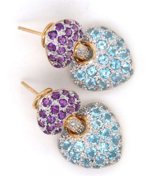 14kt Yellow gold blue topaz and amethyst heart dangle earrings