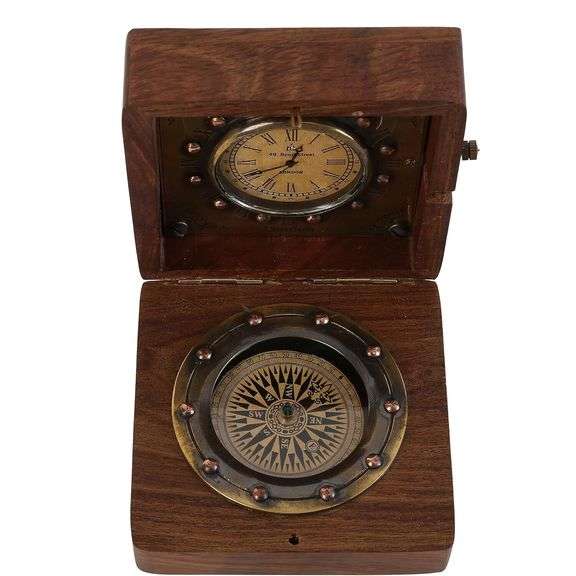Collectible Brass Sundial Compass with Rosewood Box