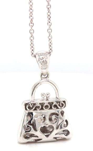 14kt White gold diamond accent purse pendant on chain