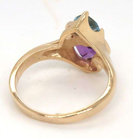 14kt Yellow gold trillion amethyst and blue topaz cross over ring