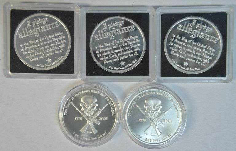 5 Impressive 1 Troy Oz pure .999 Silver Medallions in holders