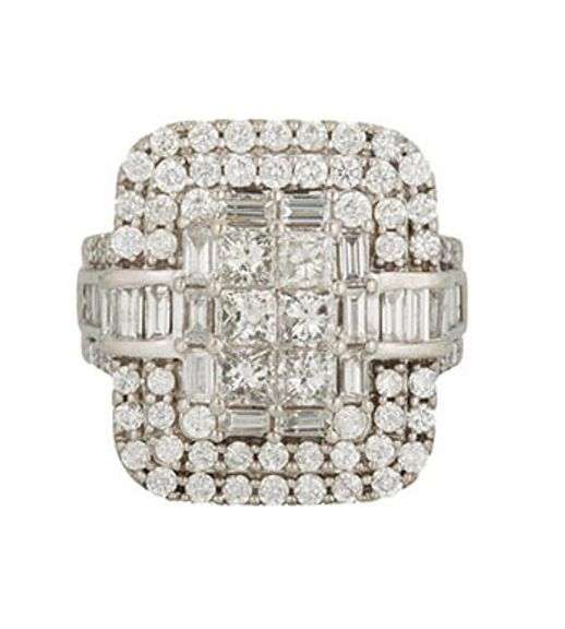 3.70ctw Round Baguette and Princess Diamond Mosaic Cluster Ring in 14K