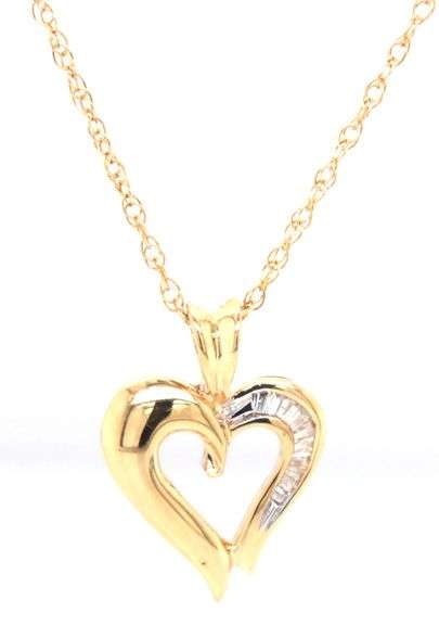 14kt Yellow gold baguette open heart shaped pendant on chain