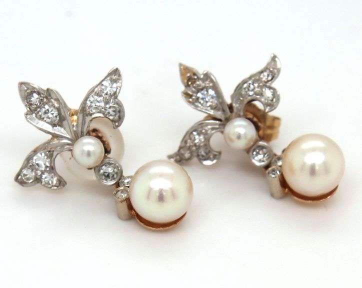 14kt Yellow gold Fleur De Lis diamond and pearls dangle earrings