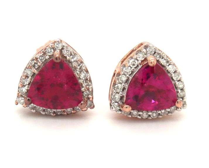 14kt Yellow gold Trillion tourmaline and diamond halo earrings